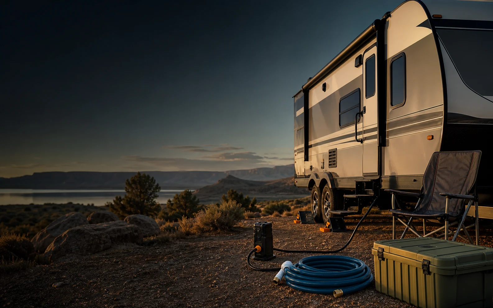 Unbranded travel trailer at a high-desert campsite with fresh-water, electrical, leveling, storage, and campsite gear